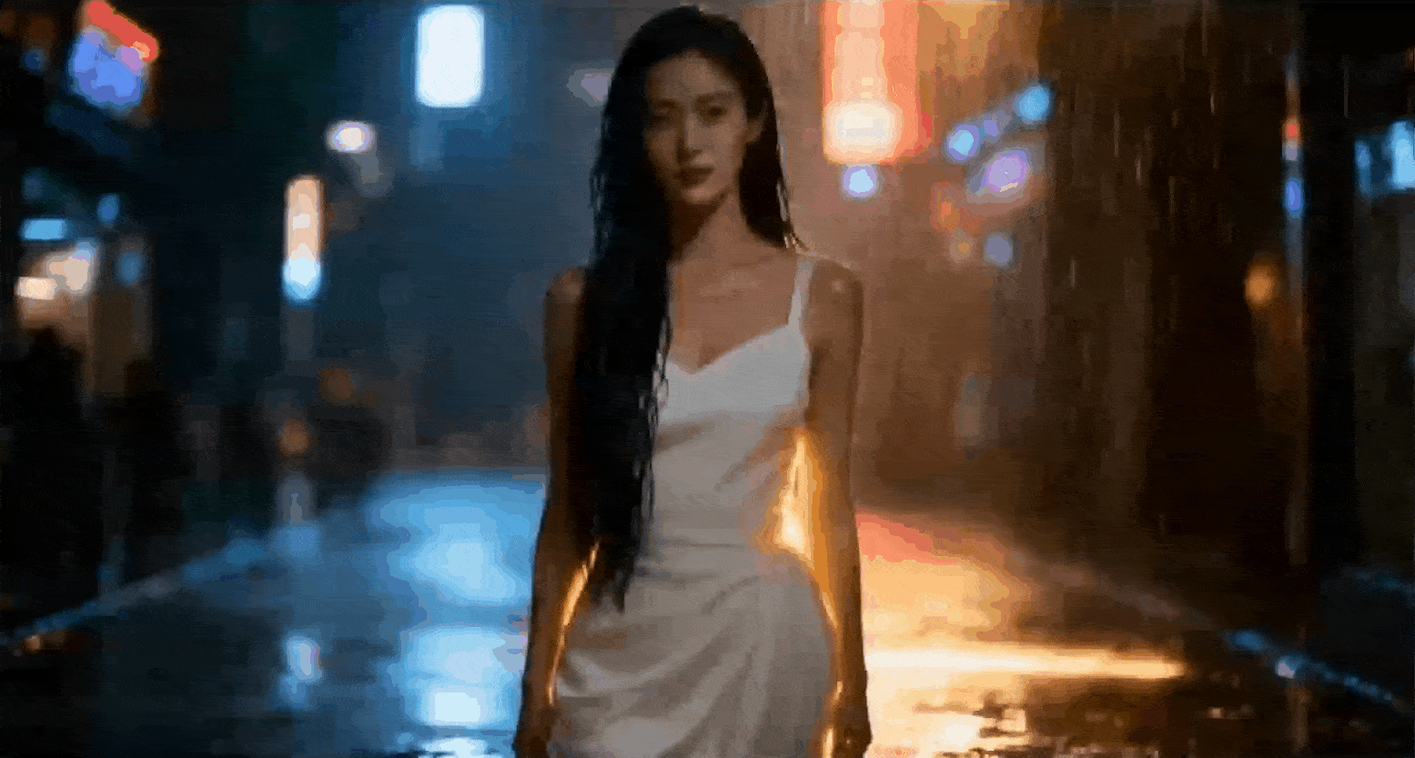 一位现代中国都市美女，长发飘逸穿着白色连衣裙站在雨中