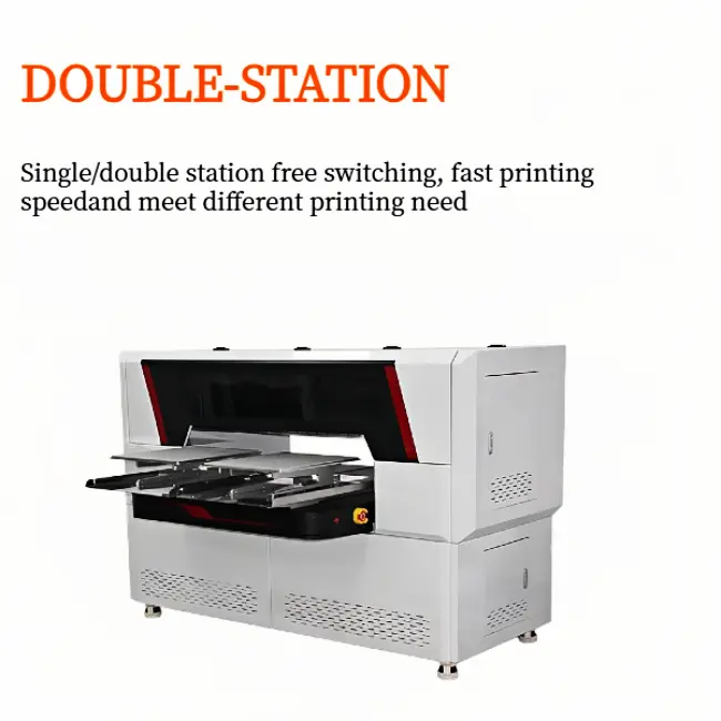 Dual-station DTG printer side view, industrial direct-to-garment printer