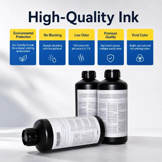 Single black AGFA UV Ink compatible piezo printhead ink close-up label shot