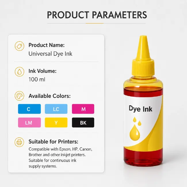 High yield universal dye ink bulk packaging for commercial use