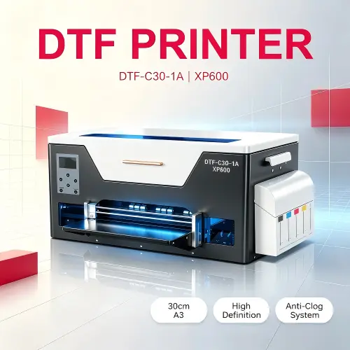 DTF-C30-1A XP600 DTF Printer front view with white ink mixing anti-clog system high definition printing