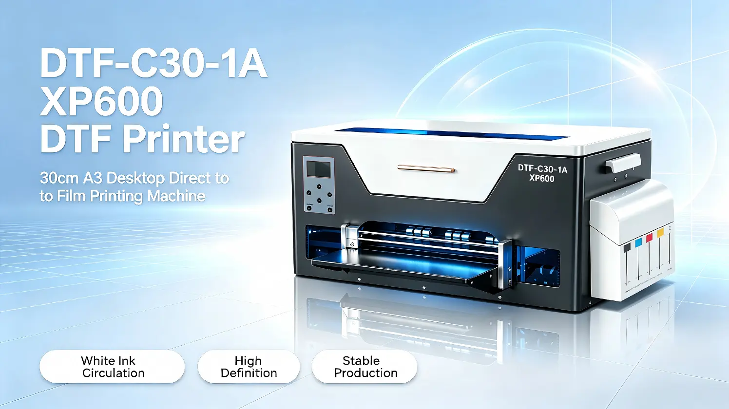 DTF-C30-1A DTF Printer side view ink tank layout industrial XP600 print head desktop transfer printer